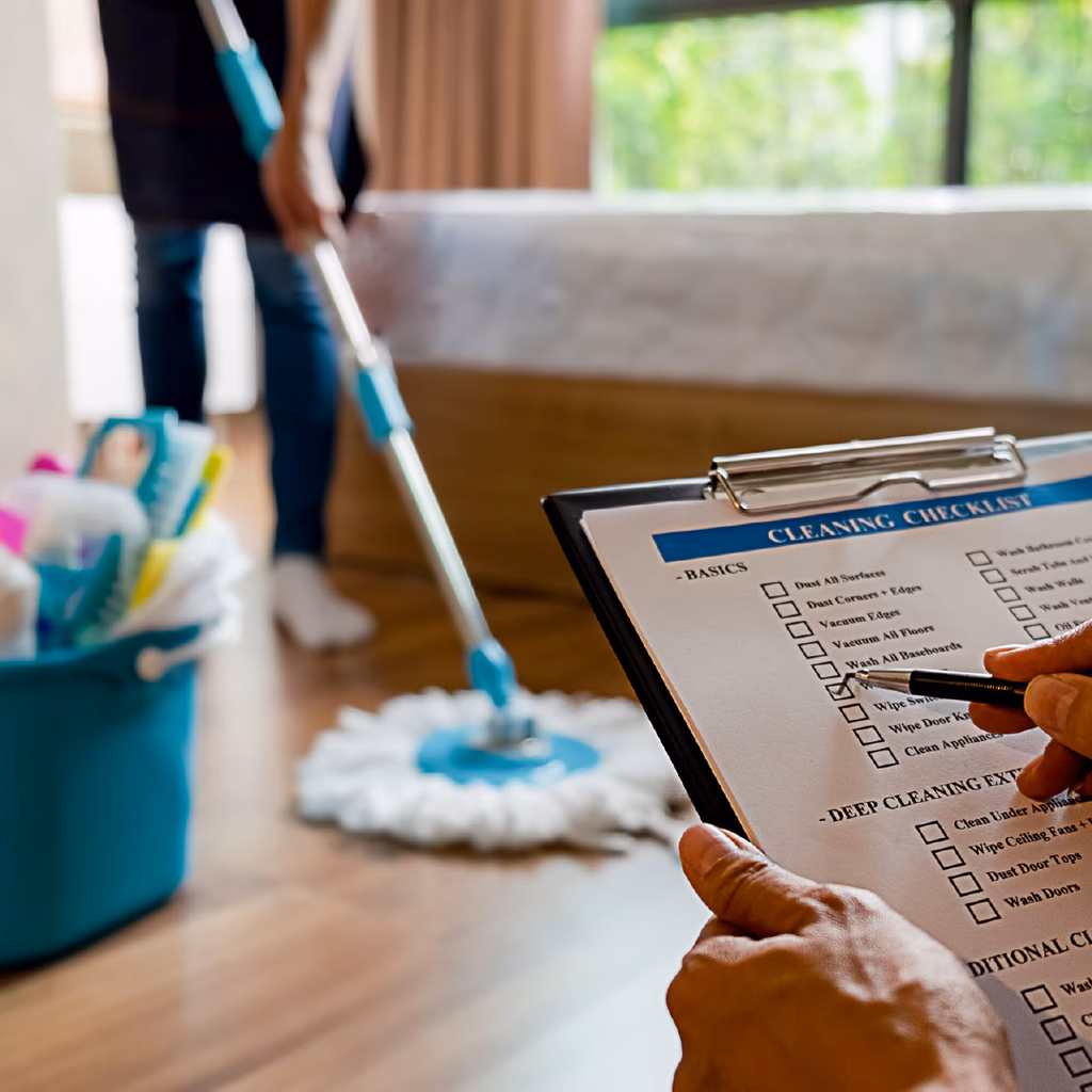 cleaning checklist with a cleaner in background mopping the floor