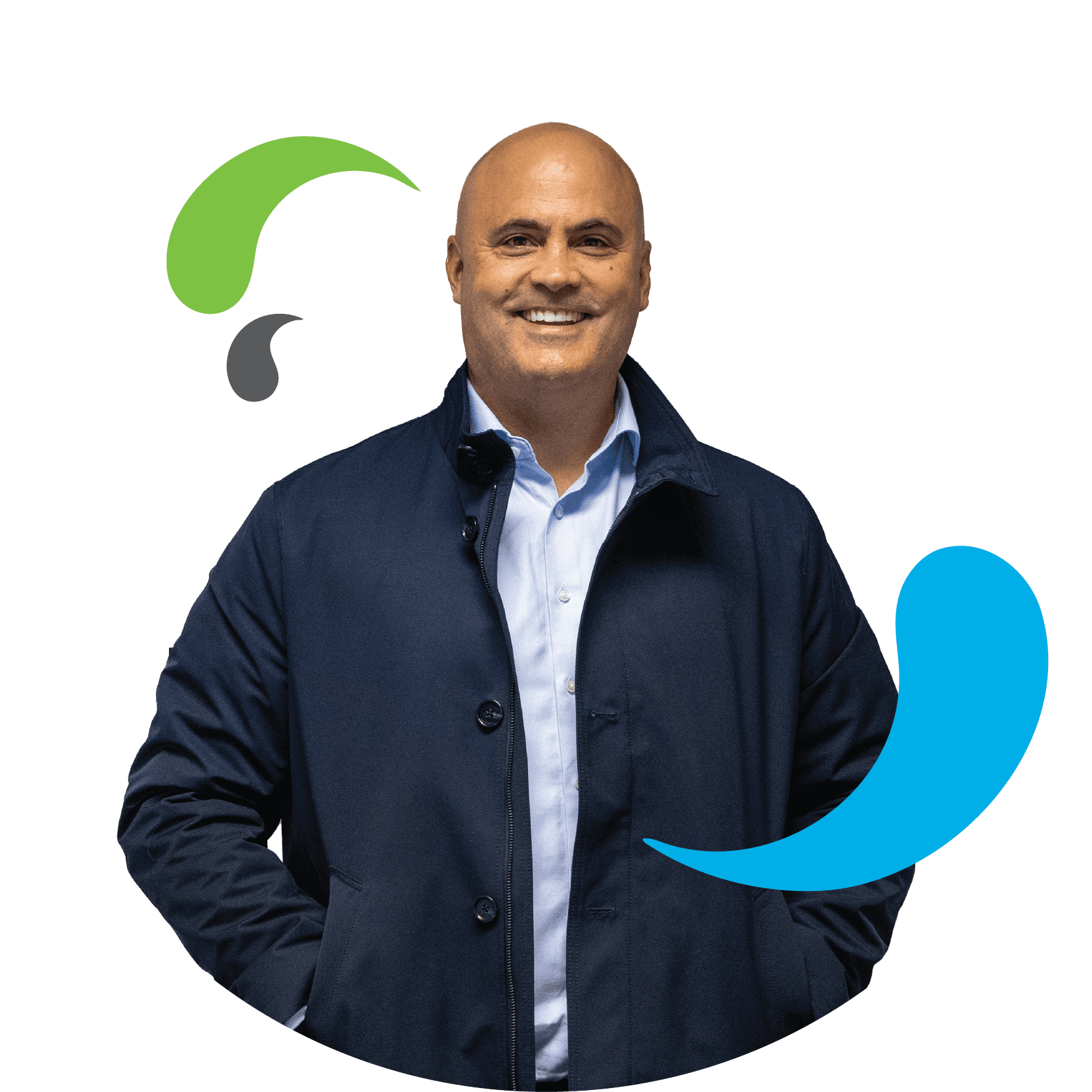 LCS male member of staff in blue jacket and bald headshot with LCS splash elements from logo