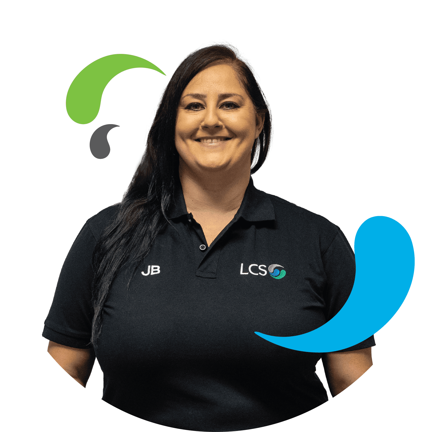 LCS female member of staff with black hair headshot with LCS splash elements from logo