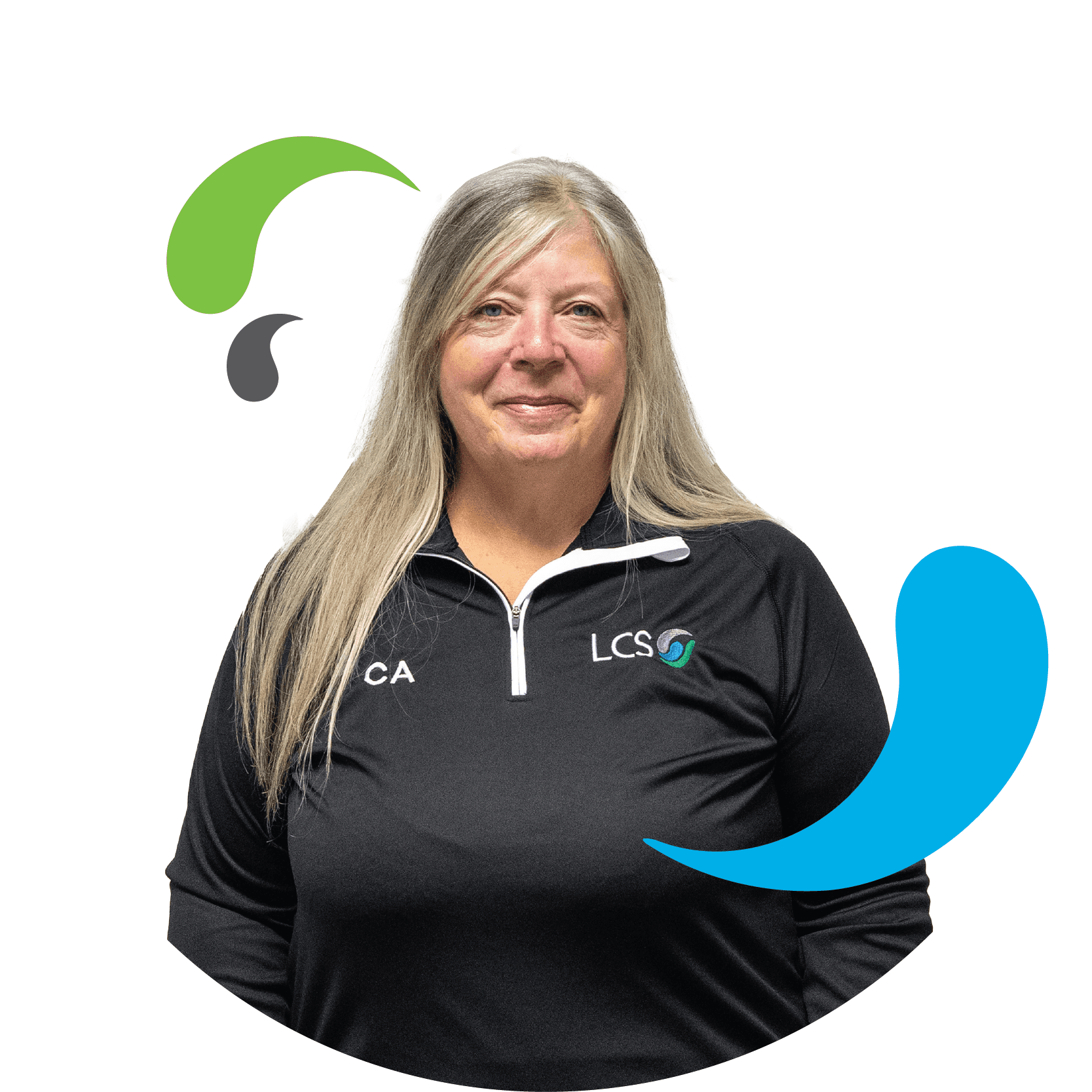 LCS female member of staff with light blonde/ grey hair headshot with LCS splash elements from logo