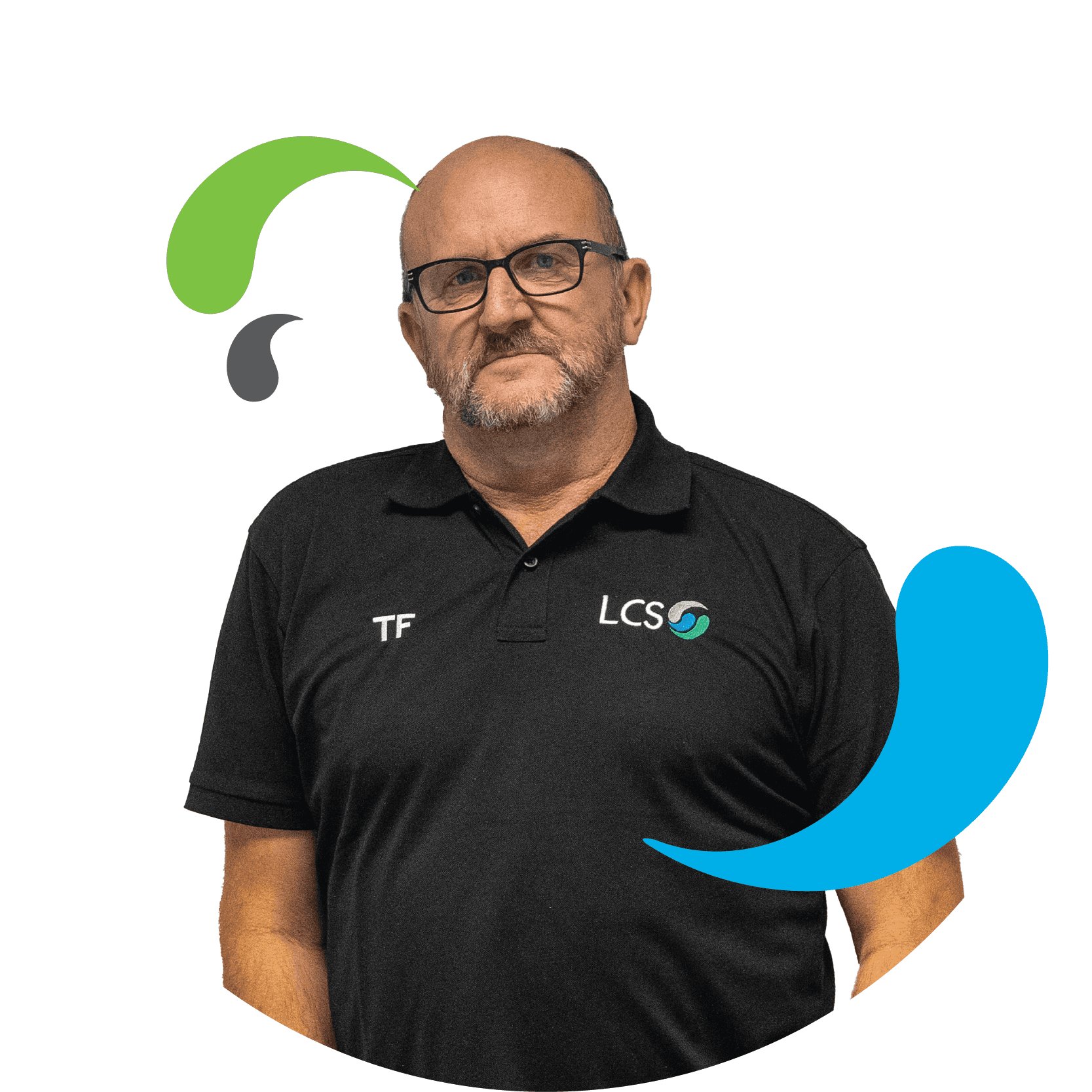 LCS male member of staff with glasses headshot with LCS splash elements from logo