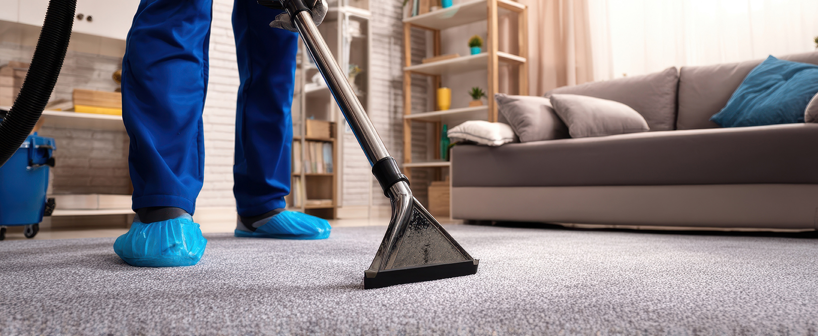 carpet cleaning equipment in someones lounge with cleaner wearing shoe covers