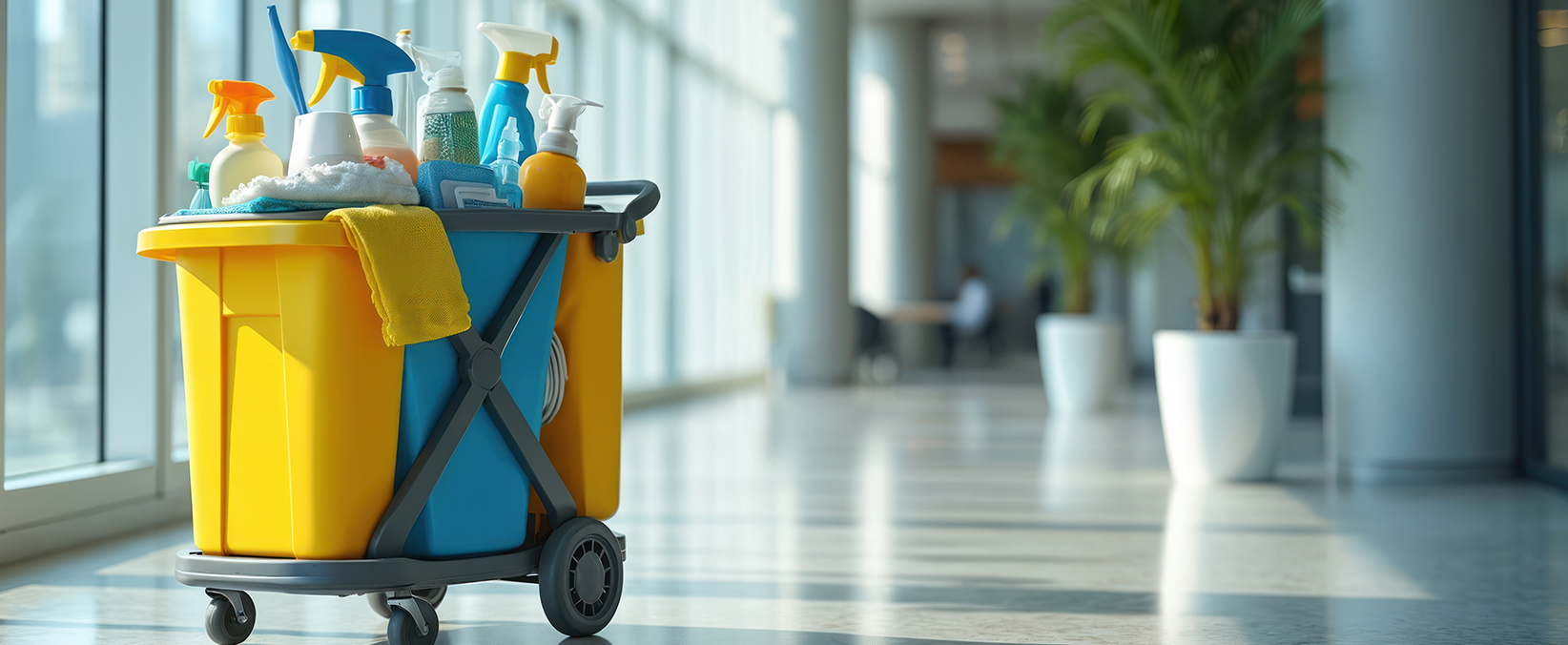 cleaning trolley in a clean hallway with lots of light shining through