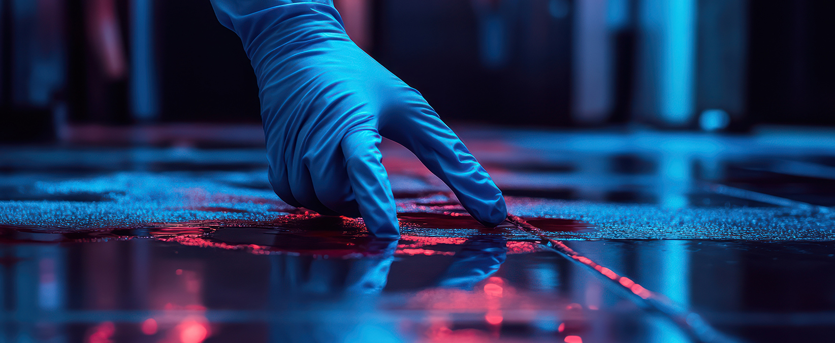 close up of hand wearing blue glove touching puddle on the ground with red and blue lights in the background