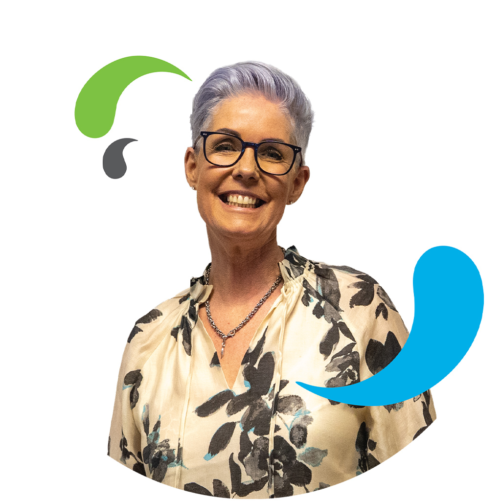 LCS female member of staff headshot with LCS splash elements from logo